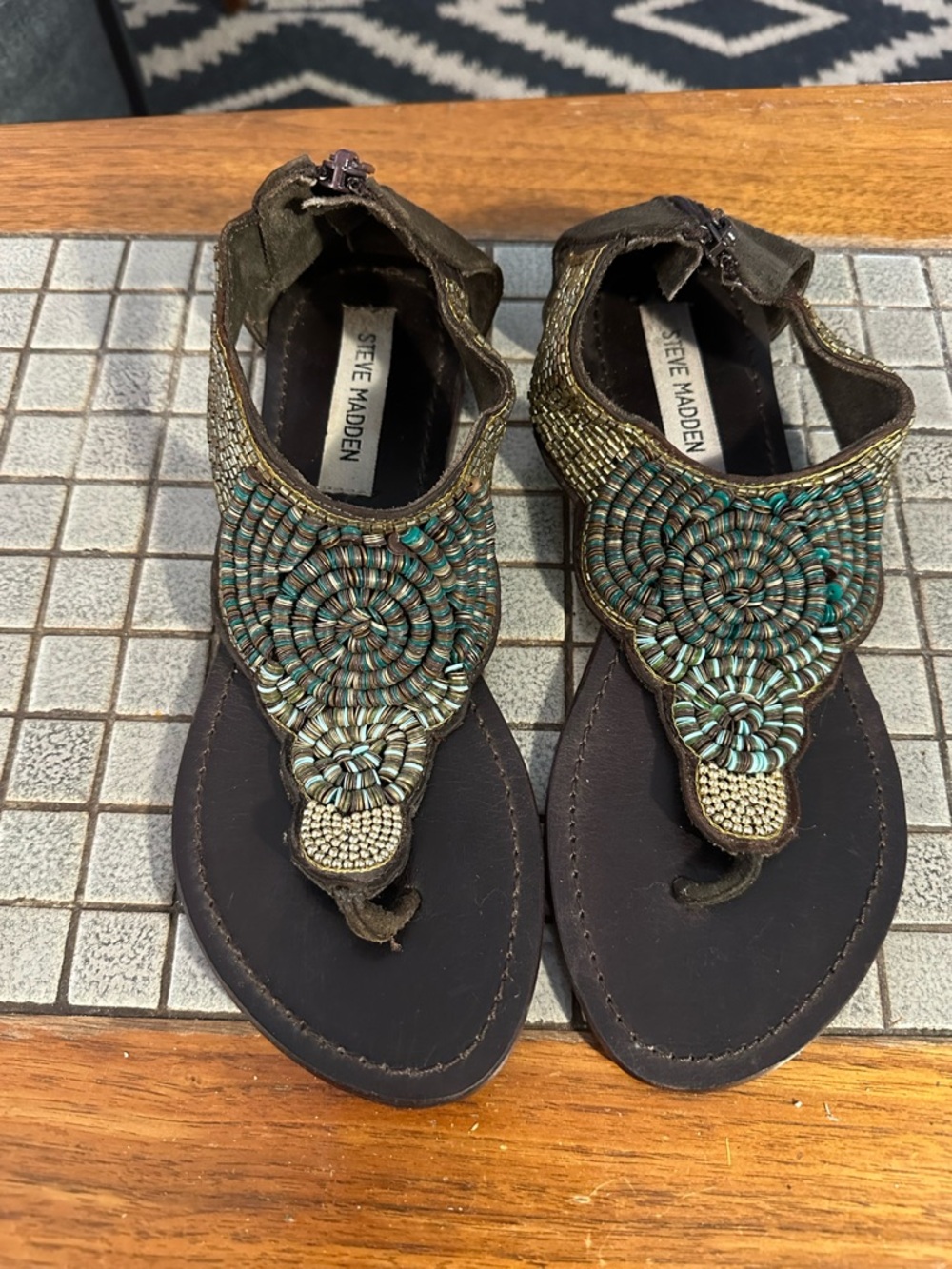 Steve Madden Brown Sandal with Teal and Gold Beaded Medallion
